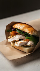 Chicken and salad sandwich in kraft paper