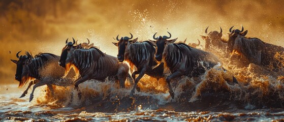A dynamic scene of wildebeests crossing a river during sunset, capturing the essence of nature's power and the thrill of migration.