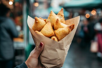 Female hand holding a paper bag with crispy samosas. outdoor street food market.