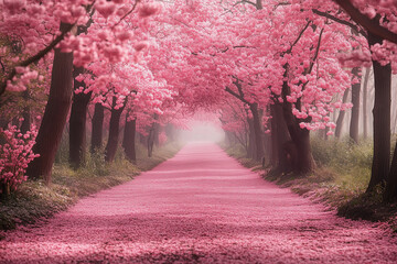 a pink path with trees lining the sides of it and a pink carpet of flowers on the ground on either side