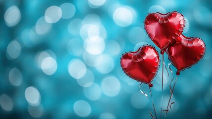 Obraz premium Red Heart Balloons Floating on Teal Bokeh Background for Love Celebration