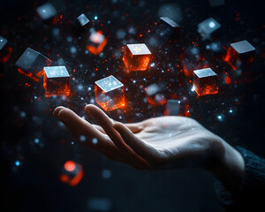 A hand manipulating floating 3D cubes in a digital network, symbolizing technology, innovation, and data manipulation. This image represents the concept of digital transformation.