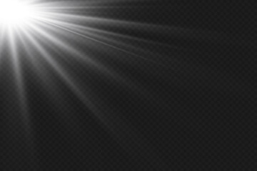 White explosion of light rays of light, star effect and flare. On a transparent background.