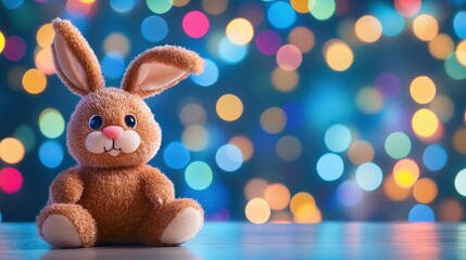 Cute Plush Bunny with Bokeh Lights Background for Easter Holiday Season