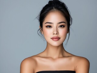 A woman in a black strapless dress posing for a picture