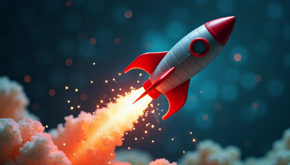 Toy rocket launch with fire and smoke, symbolizing growth and exploration in a futuristic setting.