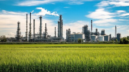 Fototapeta premium An industrial plant with silver tanks and pipes surrounded by green fields under a blue sky