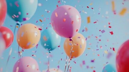 Colorful Balloons Celebrate Joyful Occasion with Confetti against Light Blue Sky