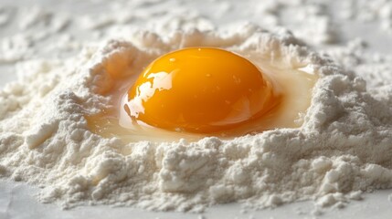 A vibrant egg yolk rests in a well of white flour, embodying the beginnings of a culinary delight. The kitchen atmosphere is warm, promising a taste of homemade goodness
