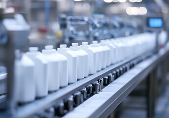 Obraz premium Assembly line of white plastic bottles on conveyor belt in modern manufacturing facility with blurred background and soft lighting showcasing production process