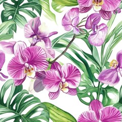 Obraz premium Seamless pattern of watercolor orchid flowers and tropical leaves, in a color palette of pink, purple, blue, and green