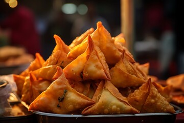 A close up view of hand made imperfect samosas on a street food vendor's stall. outdoor food market, sunny day