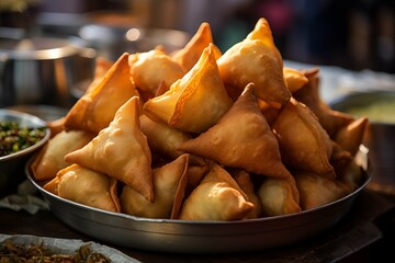 A close up view of hand made samosas on a street food vendor's stall. outdoor food market, sunny day