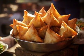 A close up view of hand made samosas on a street food vendor's stall. outdoor food market, sunny day