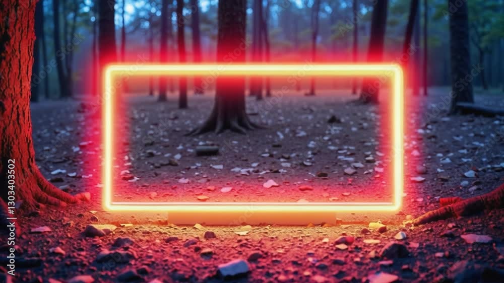 Aufkleber Rectangular neon shimmering luminous form on the background of a dirt forest surface, rectangular neon for product display presentation