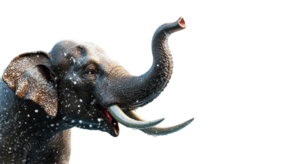 Elephant's Upward Salute: A majestic elephant extends its trunk upwards in a gesture of greeting or celebration, its textured skin and ivory tusks contrasting against a clean backdrop.
