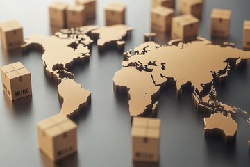 Global Shipping Network 3D World Map with Cardboard Boxes, 3D, Logistics, Delivery, Worldwide