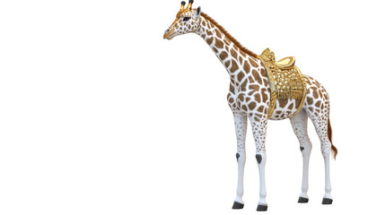 Obraz premium Giraffe in the Wilderness: A majestic giraffe, its distinctive patterned coat a testament to nature's artistry, stands with a saddle.