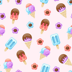 Seamless pattern of delicious Ice creams in various flavours. Cute and bright pattern. Pattern for fabric and wrapping paper. Pattern for design wallpaper and fashion prints.