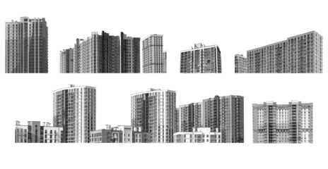 Architecture set featuring modern high-rise residential buildings with concrete facades in an urban metropolis. Multi-story housing, real estate development, contemporary design. Isolated on white