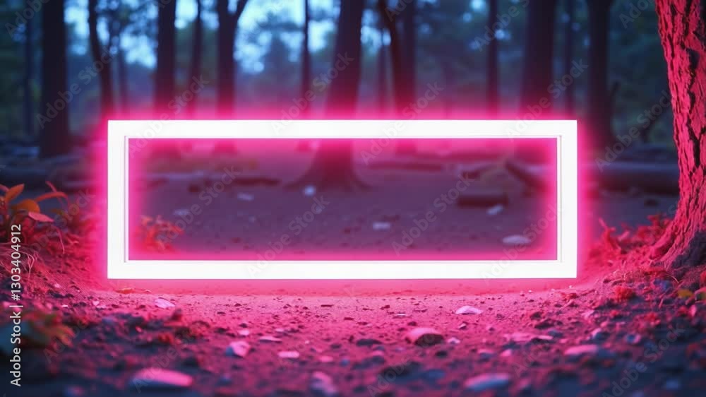 Aufkleber Rectangular neon shimmering luminous form on the background of a dirt forest surface, rectangular neon for product display presentation