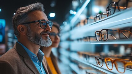 optical boutique with customers exploring eyeglasses options testing trendy frames and seeking professional consultation for prescription lenses and fashionable eyewear selection
