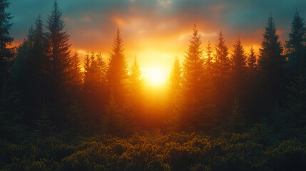 Naklejka premium Towering pine trees bathed in warm sunset sunlight symbolize resilience, longevity, and inner peace The upward view of the autumn forest evokes growth renewal and a deep connection with nature