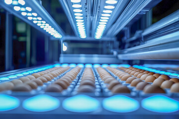 Obraz premium High-Tech Egg Sorting Process with Blue UV Lighting in a Modern Facility