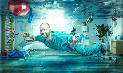 Smiling doctor swimming in flooded hospital