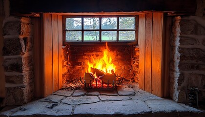 Cozy fireplace, autumn window view