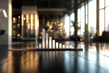 Photorealistic 3D bar chart showing business performance metrics in a modern office setting, business data visualization, statistical analysis illustration