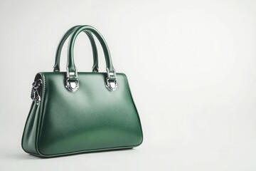 A green leather handbag with silver hardware, on a white background, professional studio lighting