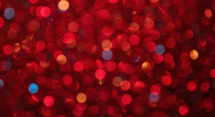 Glittering red background, bokeh lights, festive atmosphere, abstract holiday scene, blurred circles, shimmering particles, ruby tones, sparkling texture, out of focus, magical glow, Christmas ambianc