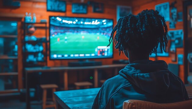 Teen watches soccer game in a cozy room