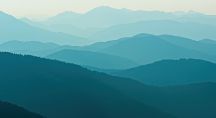 Fototapeta premium Misty mountain ranges, layered blue-green hills, atmospheric perspective, hazy horizon, rolling landscape, tranquil nature scene, soft gradient colors, distant peaks, ethereal morning light, minimalis