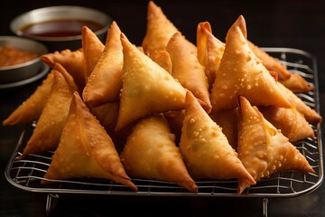Top view of a stack of freshly fried samosas on a metal cooling rack