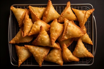 Top view of a stack of freshly fried samosas on a metal cooling rack