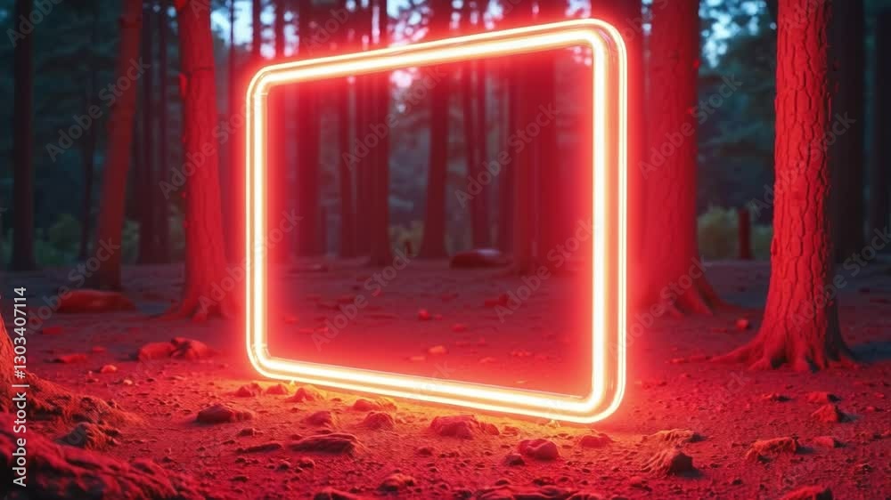 Poster Rectangular neon shimmering luminous form on the background of a dirt forest surface, rectangular neon for product display presentation