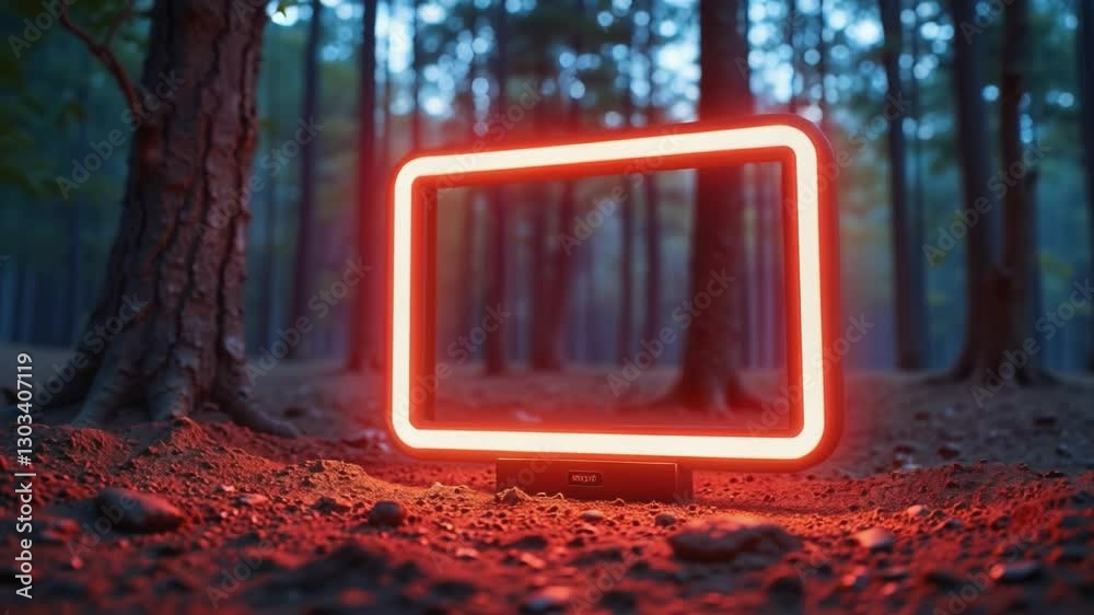 Poster Rectangular neon shimmering luminous form on the background of a dirt forest surface, rectangular neon for product display presentation
