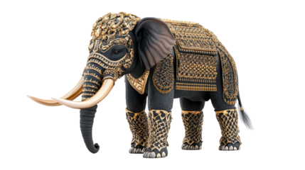 Royal Elephant Sculpture: A majestic elephant sculpture adorned with intricate gold ornamentation stands proudly, exuding regal splendor and cultural richness. 