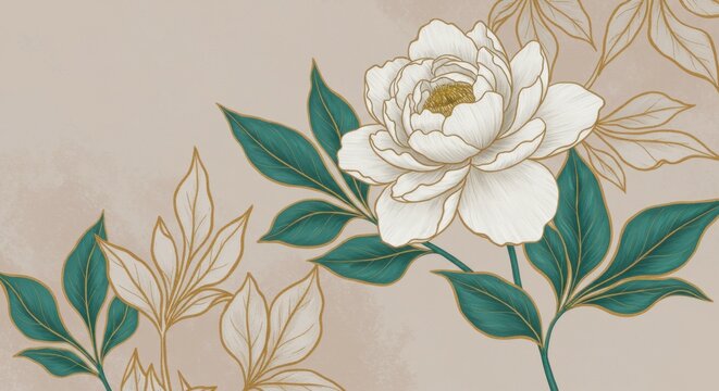 Botanical illustration, white peony flower, gold leaf accents, teal leaves, beige textured background, square canvas, minimalist floral design, elegant wall art, nature-inspired decor, modern botanica
