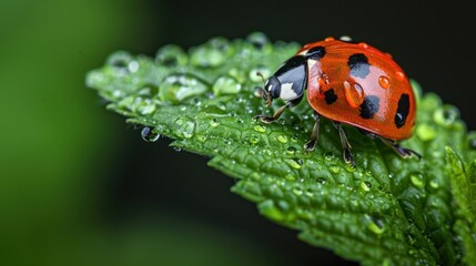 Obraz premium Macro Photography of Ladybug on Dew-Covered Leaf