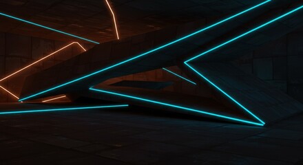 Obraz premium Abstract geometric shapes, neon blue lines, dark background, minimalist design, futuristic, glowing edges, angular patterns, tech aesthetic, low-poly style, digital art, black and cyan color scheme, s