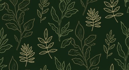 Fototapeta premium Botanical pattern, delicate leaf outlines, dark green background, white linear foliage, seamless nature motif, minimalist plant illustration, organic shapes, repeating leaf design, forest green palett