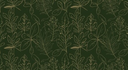 Botanical pattern, delicate leaf outlines, dark green background, white linear foliage, seamless nature motif, minimalist plant illustration, organic shapes, repeating leaf design, forest green palett