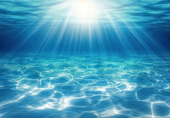 Beautiful underwater scene with sunlight rays penetrating clear blue ocean water and creating a tranquil aquatic atmosphere for exploration and relaxation