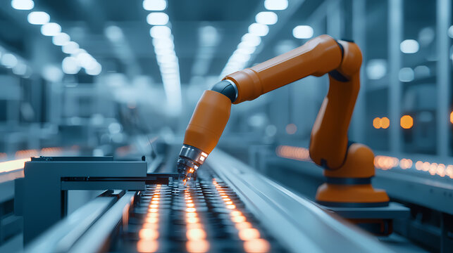 A robotic arm operates on a production line, showcasing automation in a modern manufacturing facility.