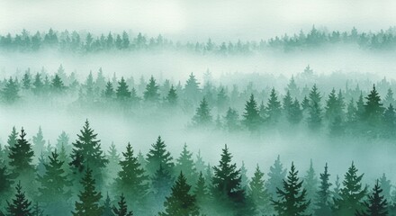 Fototapeta premium Misty forest landscape, pine trees, foggy atmosphere, layered mountains, watercolor painting, soft green hues, ethereal scenery, dreamy wilderness, atmospheric perspective, tranquil nature scene, sere