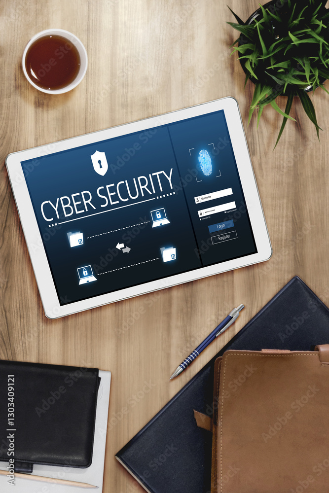 Poster cyber security system on computer screen protect private information snugly from hacker and cyber at
