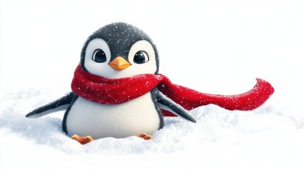 Cute penguin in snow with red scarf